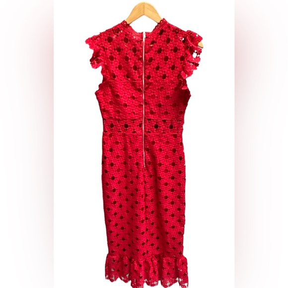 Chelsea All Lace Mock Neck, Red Midi Dress, Ruffle Hem size M - Picture 3 of 5